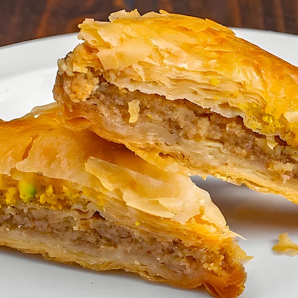 Two pieces of golden-brown baklava with flaky pastry and a rich nut filling on a white plate.