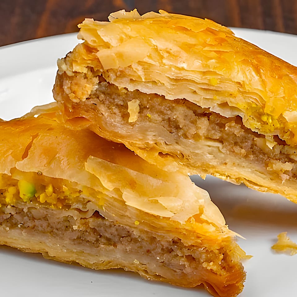 Two pieces of golden-brown baklava with flaky pastry and a rich nut filling on a white plate.