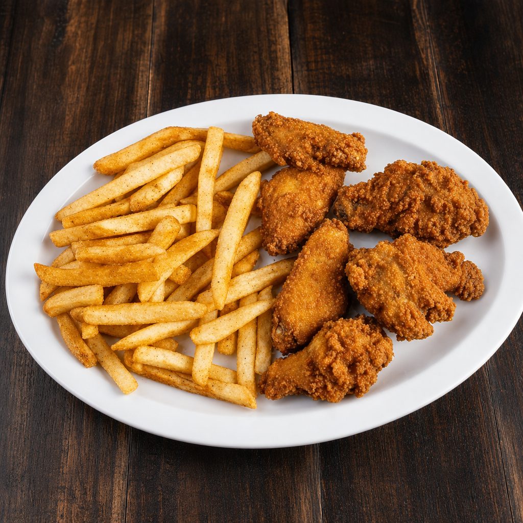 Six Pcs Chicken Wings with Fries.