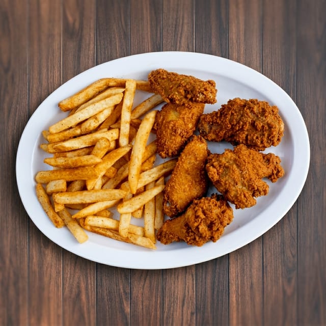 Six Pcs Chicken Wings with Fries.